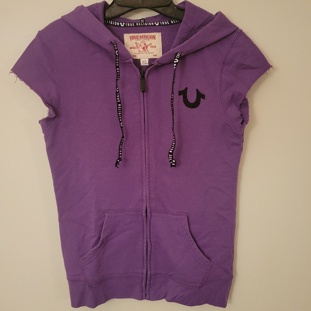 True Religion Plum Cut Off Zip-Up Hoodie, Size XS
